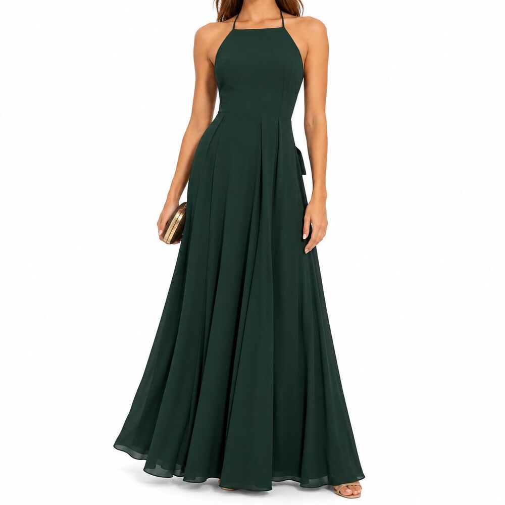 Lulus Mythical Kind Of Love Dress L Dark Green Chiffon Open Back Maxi NWT